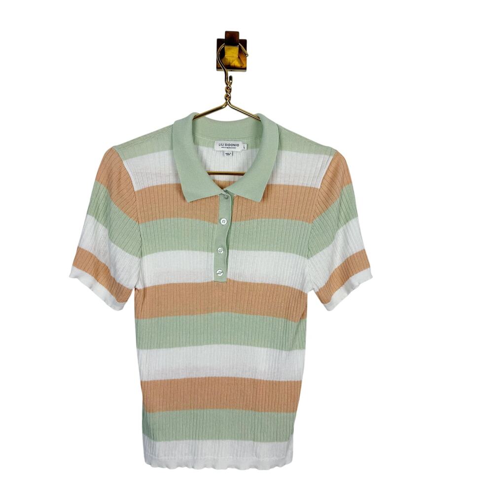 Lili Sidonio x Molly Bracken Knit Striped Ribbed Polo Green White Short Sleeve L